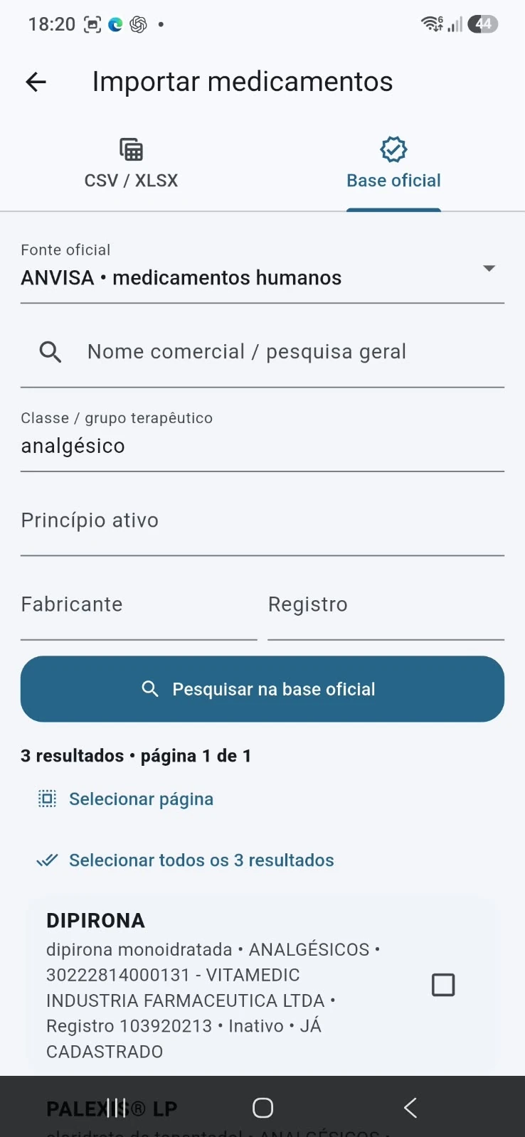 Tela real de importação de medicamentos pela base oficial ANVISA no Dose Certa